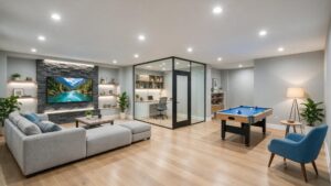Spacious basement floor plan layout featuring a lounge area, home office room, and recessed LED ceiling lights.
