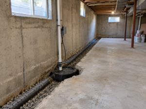 An unfinished South Jersey basement showing an interior French drain trench being installed along the perimeter concrete footing before remodeling begins.