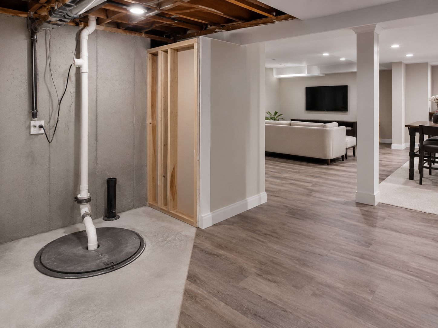 Radon-Ready Basement Finishing in South Jersey shown in a realistic Marlton, NJ residential construction setting.