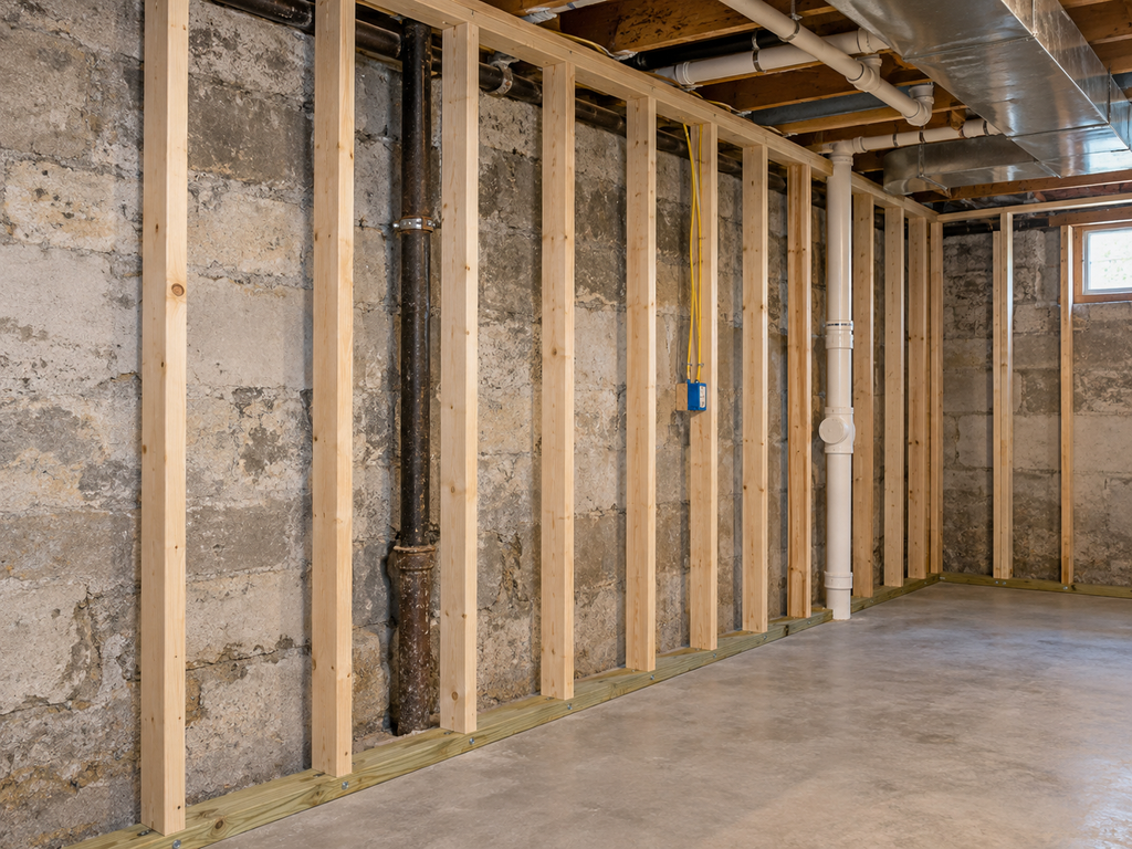 Professional framing basement walls uneven foundation detail for Subterra Basement Remodelers in Voorhees

