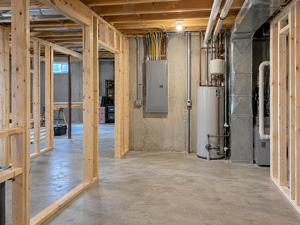 Professional electrical panel clearance finished basement detail for Subterra Basement Remodelers in Voorhees

