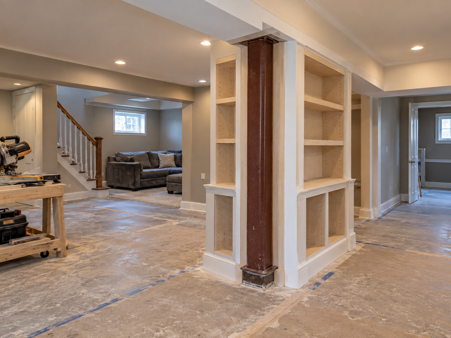 Professional basement support posts finished layout detail for Subterra Basement Remodelers in Voorhees