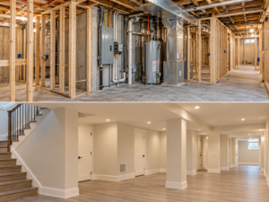 Professional electrical panel clearance finished basement detail for Subterra Basement Remodelers in Voorhees