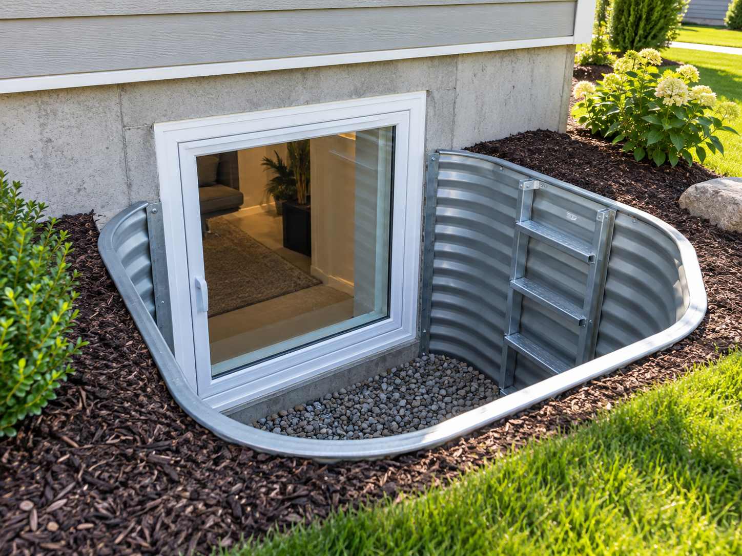 Exterior view of a code-compliant basement egress window and corrugated steel window well with an integrated safety ladder installed at a South Jersey home.