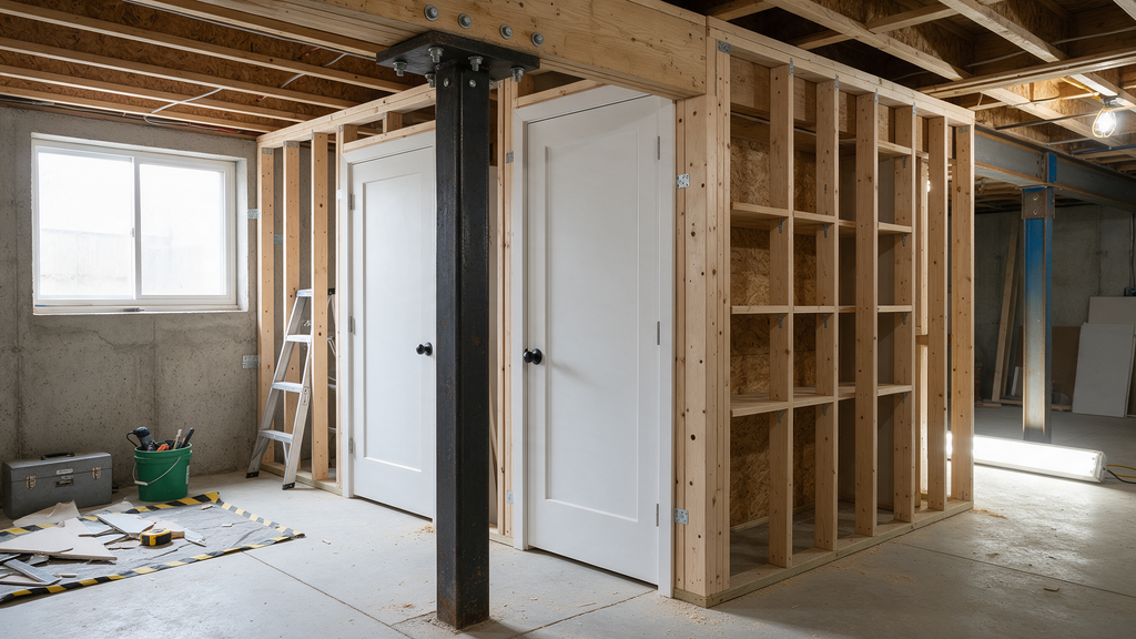 Professional basement support posts finished layout detail for Subterra Basement Remodelers in Voorhees

