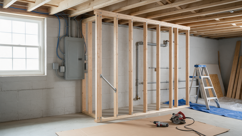 Professional electrical panel clearance finished basement detail for Subterra Basement Remodelers in Voorhees

