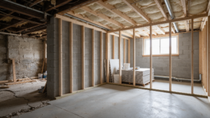 Professional framing basement walls uneven foundation detail for Subterra Basement Remodelers in Voorhees
