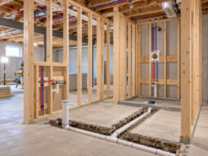 Basement bathroom rough-in during a South Jersey basement remodel