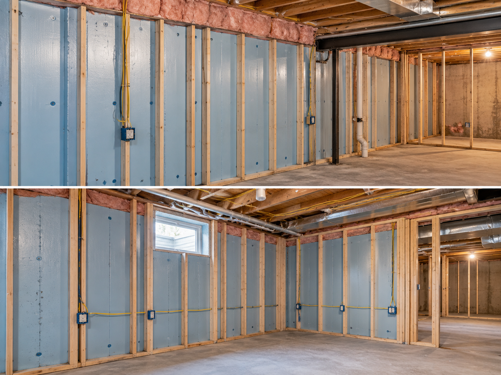Basement wall insulation installed before drywall in a South Jersey basement remodel