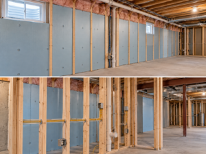 Basement wall insulation installed before drywall in a South Jersey basement remodel