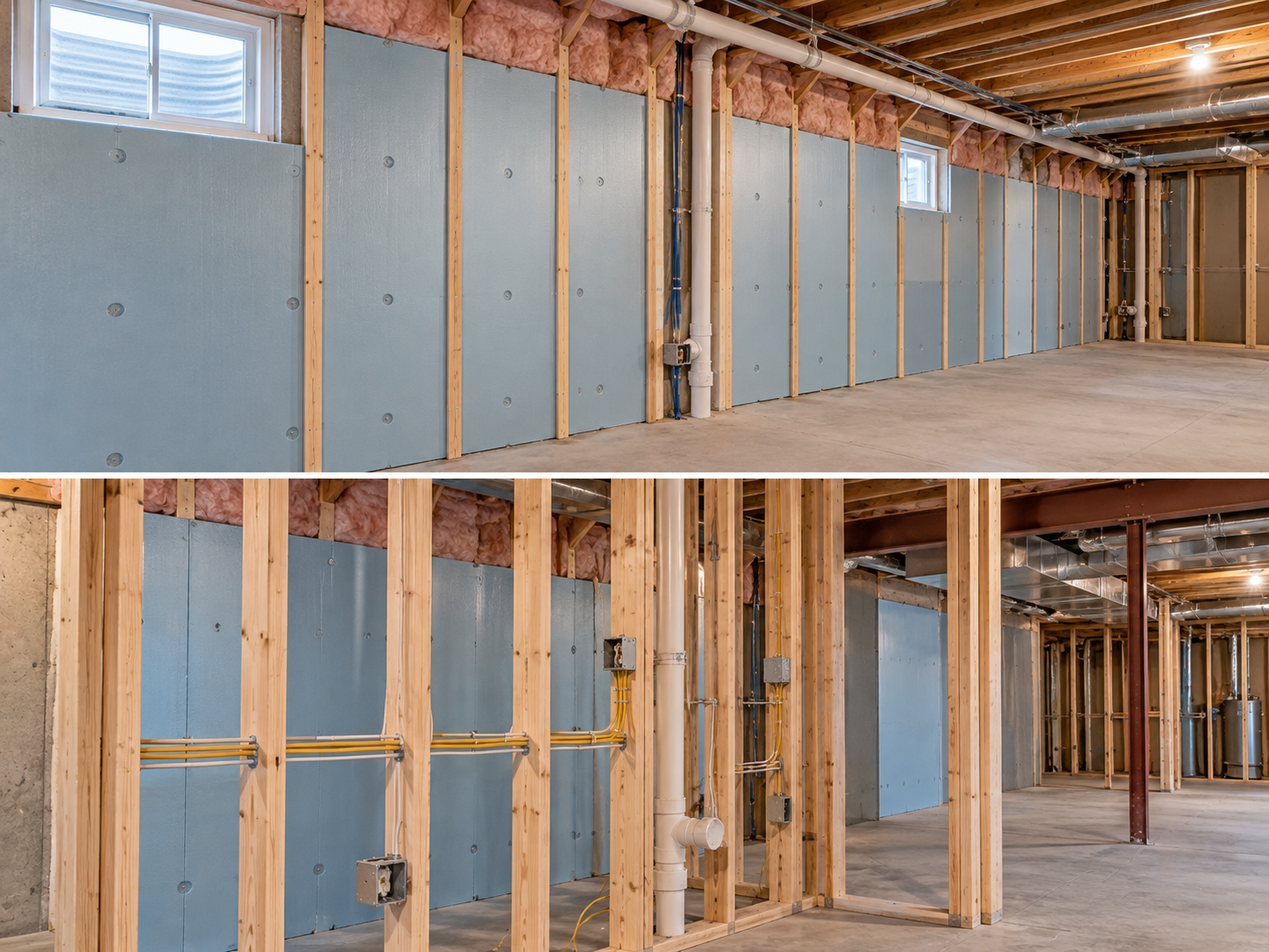 Basement wall insulation installed before drywall in a South Jersey basement remodel