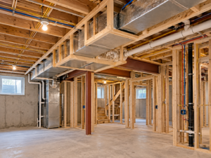 Basement ceiling framing around ductwork during a South Jersey remodel