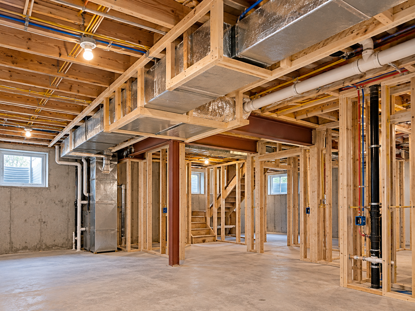 Basement ceiling framing around ductwork during a South Jersey remodel