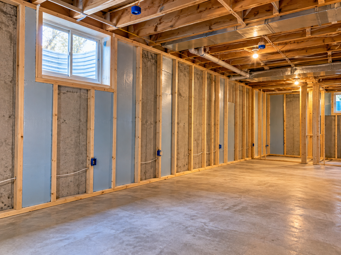 Basement under construction with new perimeter wall framing, insulation and exposed ceiling joists
