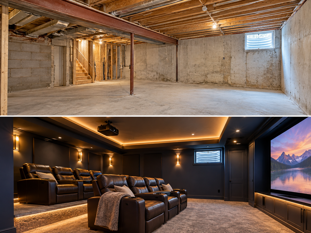 A luxurious basement home theater featuring tiered leather recliner seating, ambient recessed tray lighting, acoustic wall panels, and a large projection screen.