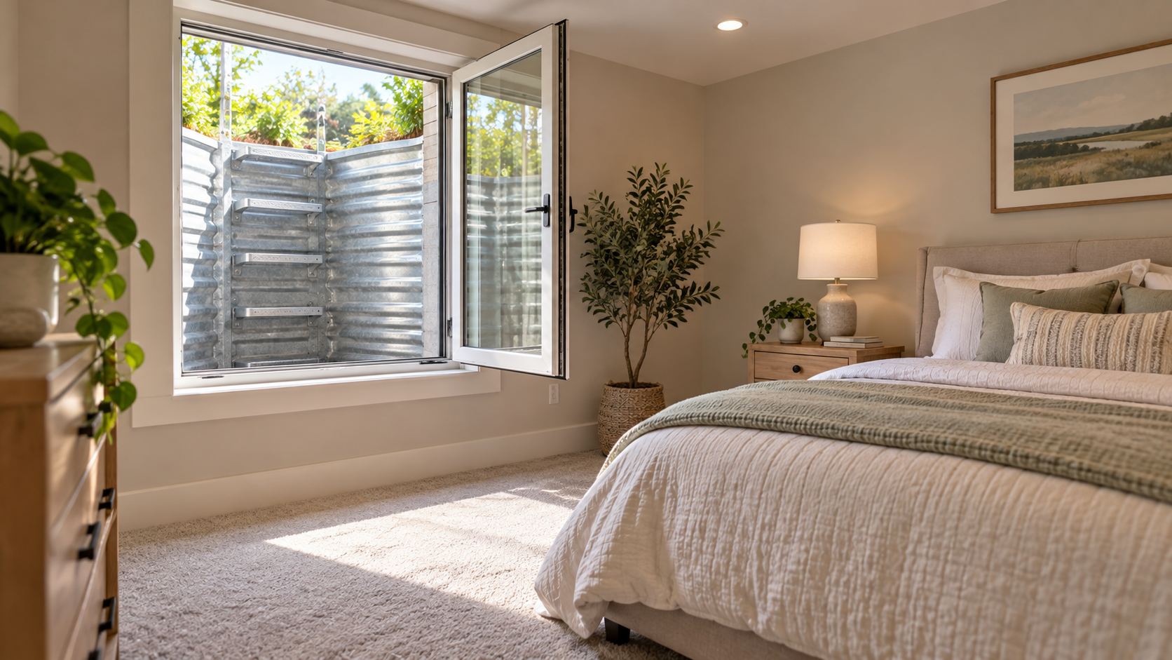 Finished basement bedroom with a large egress window and window well