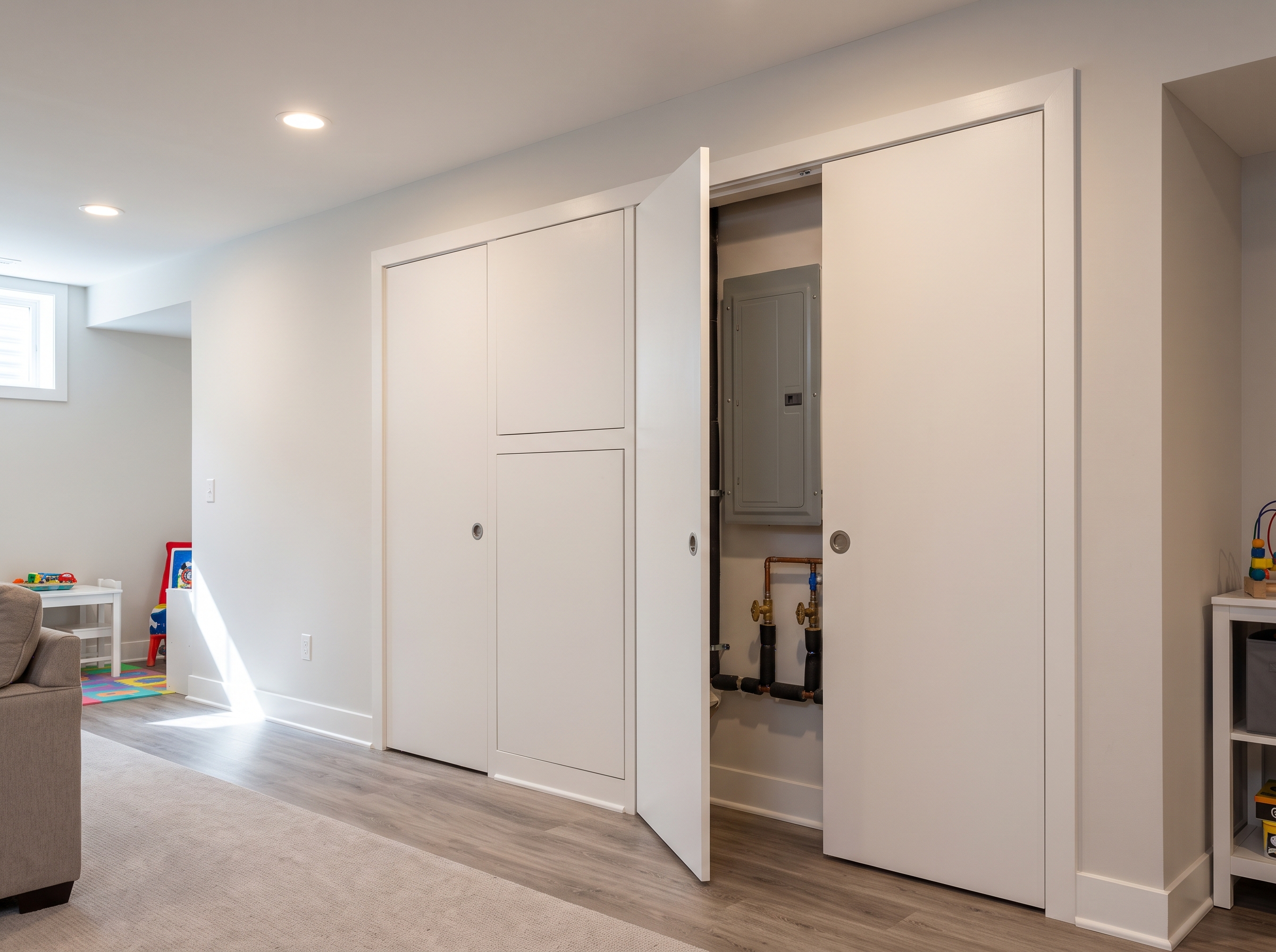 Basement utility access doors detail for residential work in Voorhees and nearby South Jersey communities.