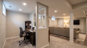 South Jersey basement divided into a dedicated home office area and a comfortable family room space.