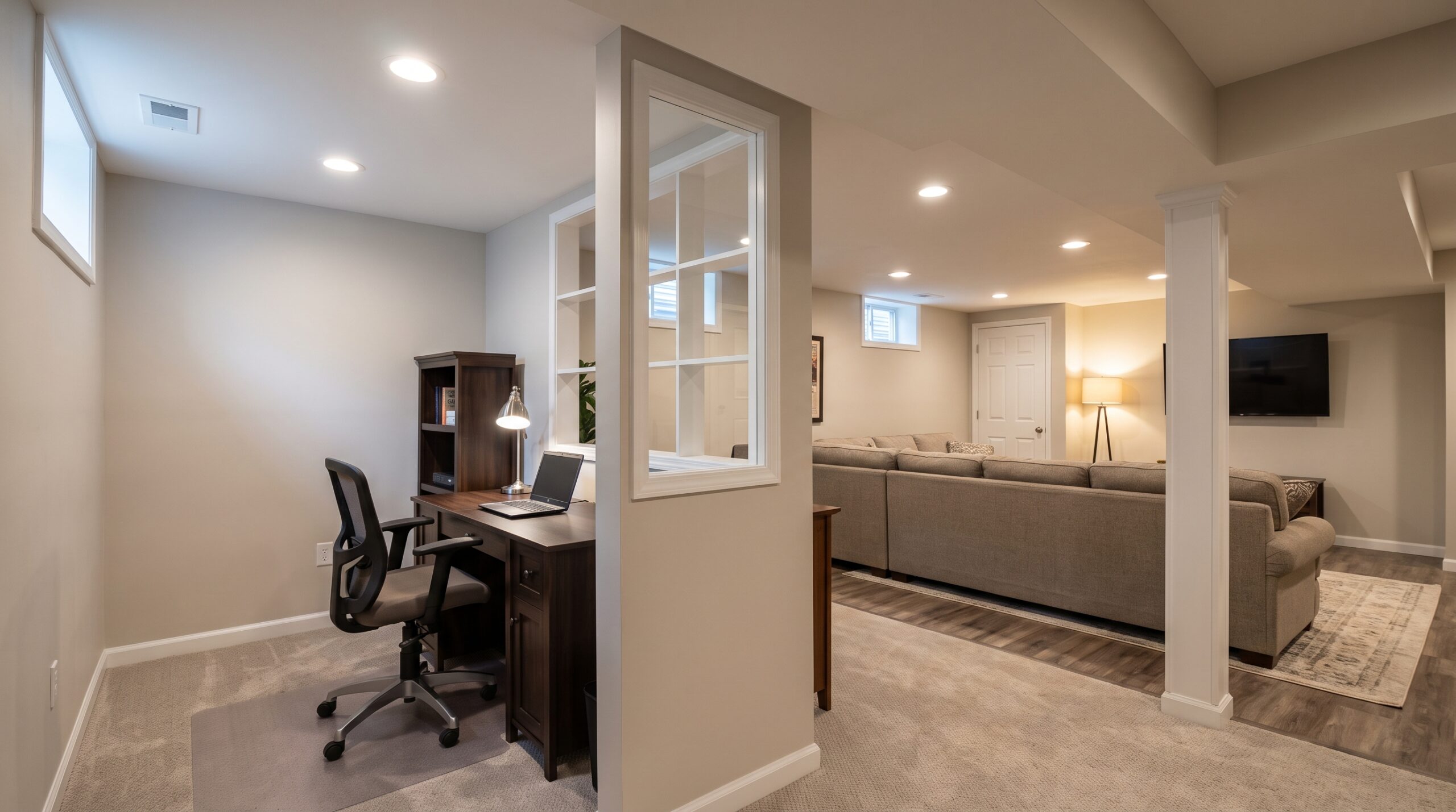 South Jersey basement divided into a dedicated home office area and a comfortable family room space.