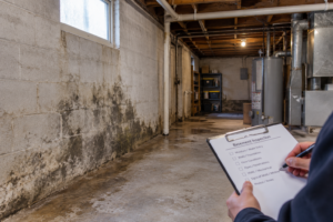 Musty basement with visible moisture staining on concrete walls and floor, exposed utilities, and an inspection checklist documenting conditions before remodeling.