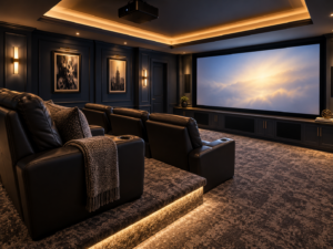 A luxurious basement home theater featuring tiered leather recliner seating, ambient recessed tray lighting, acoustic wall panels, and a large projection screen.